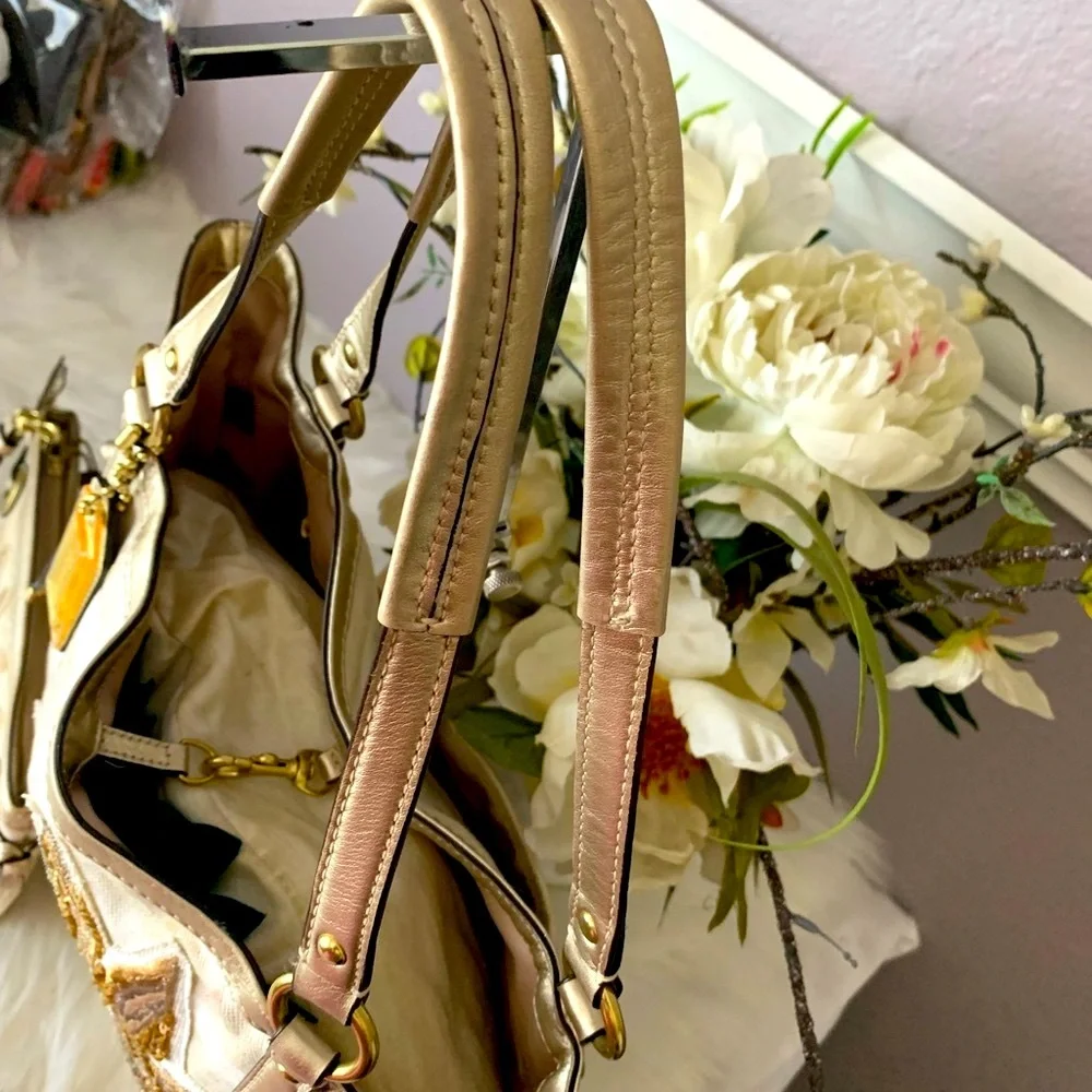 Coach Gold & Cream Floral Sequin Tote with Wristlet